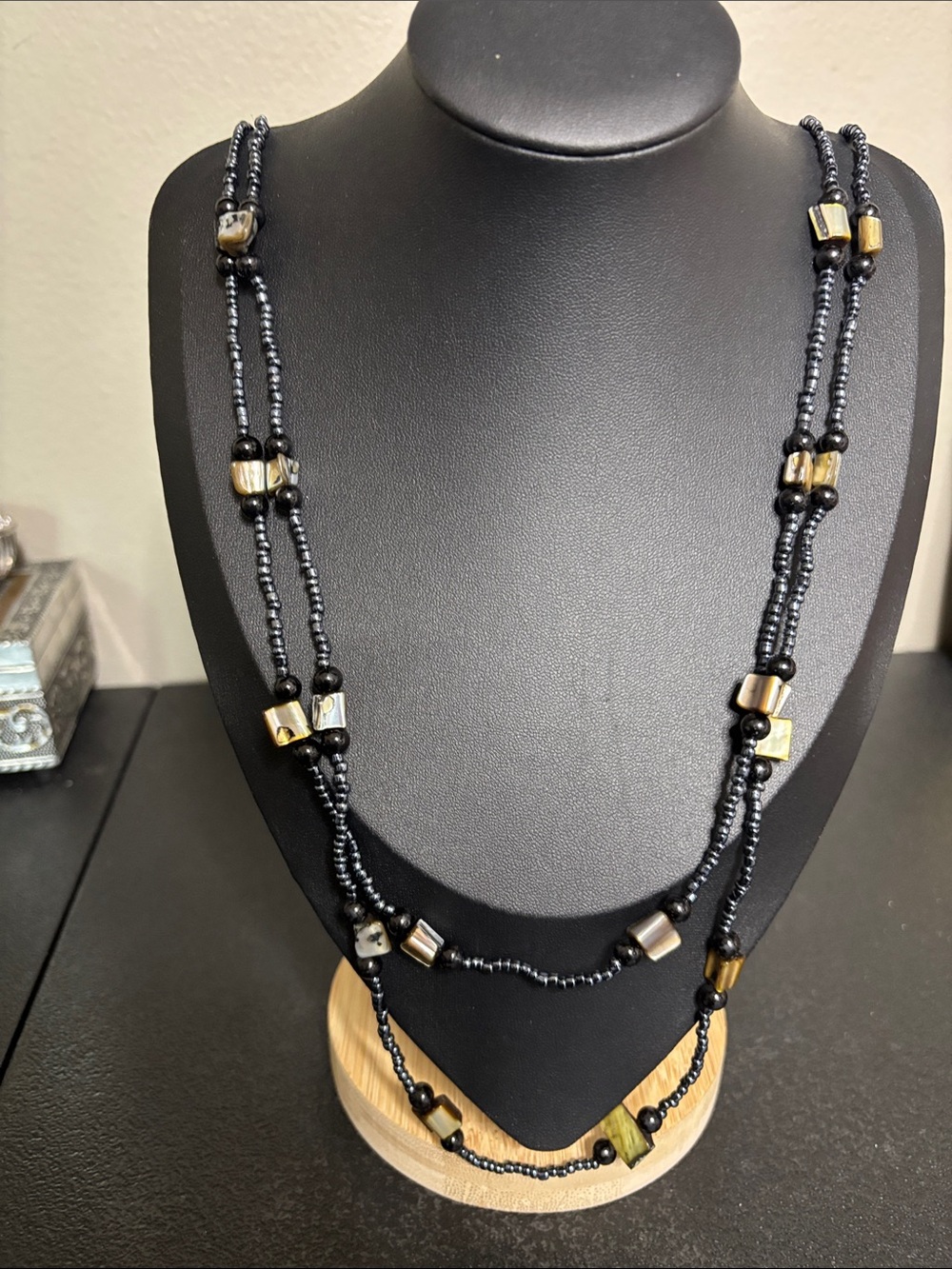 Boho Shell Handcrafted Black and Gold Beaded Long Necklace